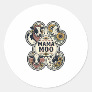 Koe Moeder Shirt Vintage Gravure Zonnebloem Wester Ronde Sticker