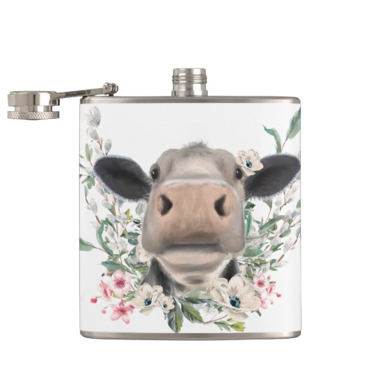 koe neuskus bloemetjes waterverf grijs boerderij d heupfles (Geopend)