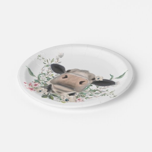 koe neuskus bloemetjes waterverf grijs boerderij d papieren bordje (Gekanteld)