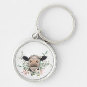 koe neuskus bloemetjes waterverf grijs boerderij d sleutelhanger (Voorkant)