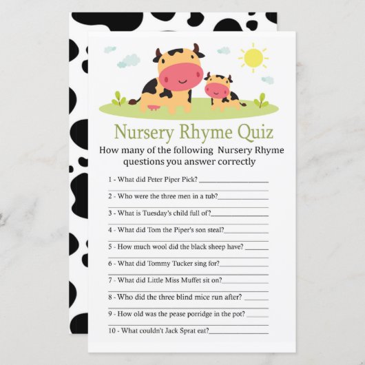Koe Nursery Rhyme Quiz baby shower game (Voorkant / Achterkant)