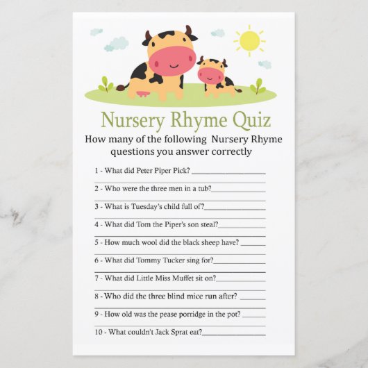 Koe Nursery Rhyme Quiz baby shower game (Voorkant)