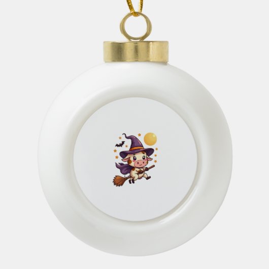 Koe op een bezemsteel keramische bal ornament (Voorkant)