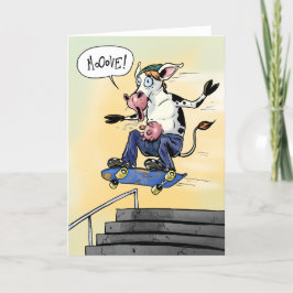 Koe op een skateboard schreeuwende beweging bedankkaart
