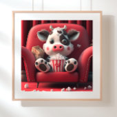 Koe op rode bank die popcorn eet kunst poster