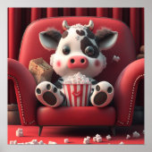 Koe op rode bank die popcorn eet kunst poster (Voorkant)