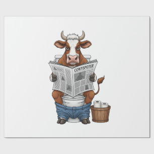 Koe op toilet PNG, Grappig boerderijdier Cadeaupapier