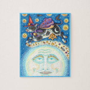 Koe over de man in de maan, kleurrijke gril legpuzzel
