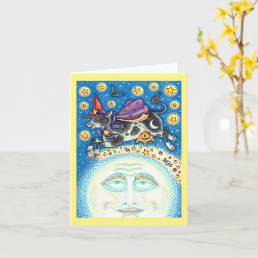 KOE OVER DE MAN IN DE MAAN KLEURRIJKE GRILLE Blank Kaart (Gele Bloem)