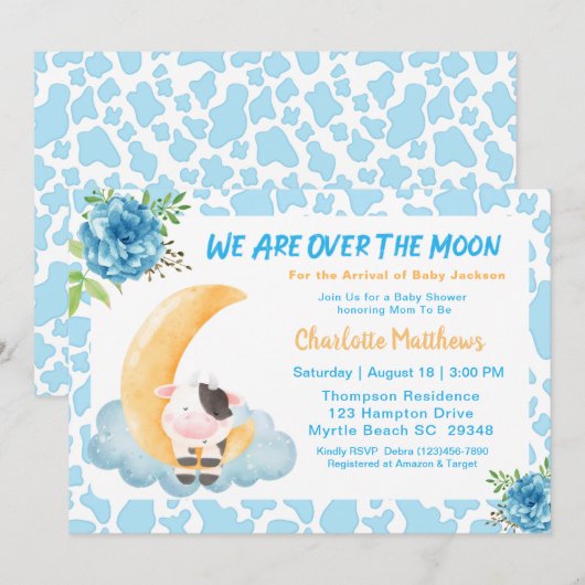 Koe over het Moon Blue Baby shower Invitati Kaart (Voorkant / Achterkant)