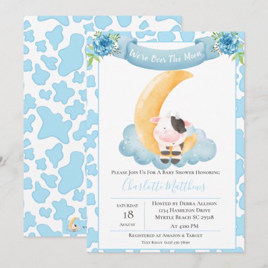 Koe over het motorblauw Baby shower Kaart (Voorkant / Achterkant)