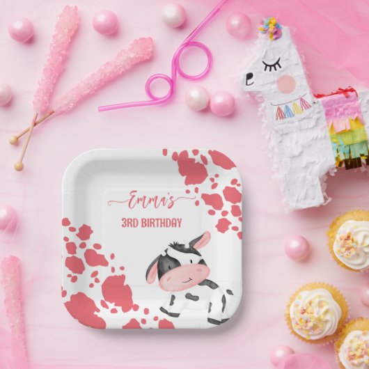 Koe party servies roze koe patroon gepersonaliseer papieren bordje (Feest)