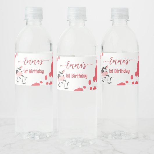 Koe party servies roze koe patroon gepersonaliseer waterfles etiket (Flessen)