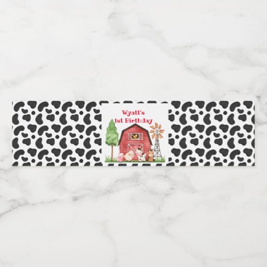 Koe Print Boerderij Eerste Verjaardag Drink Label Waterfles Etiket (Enkel label)