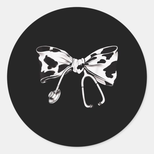 Koe Print Bow en Stethoscoop Nurse RN Afstuderen Ronde Sticker (Voorkant)