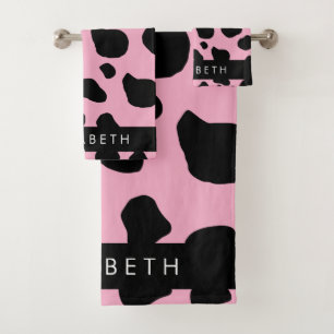 Koe Print, Koe Vlekken, Roze Koe, Jouw naam Bad Handdoek