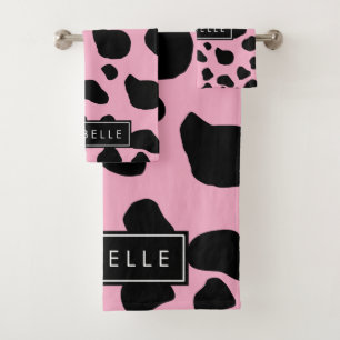 Koe Print, Koe Vlekken, Roze Koe, Jouw naam Bad Handdoek