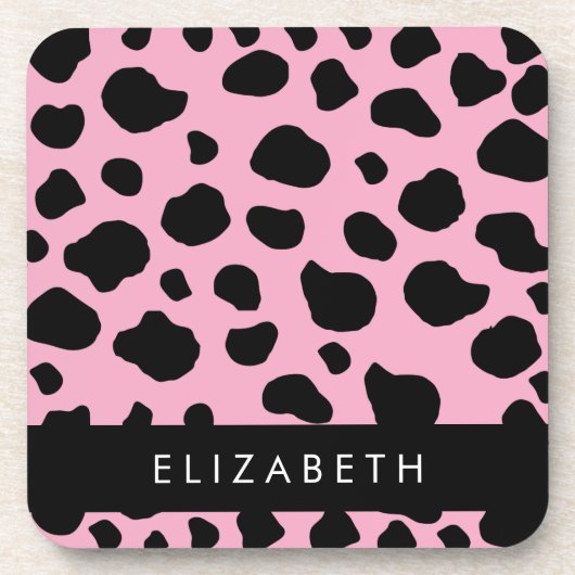 Koe Print, Koe Vlekken, Roze Koe, Jouw naam Bier Onderzetter (Voorkant)