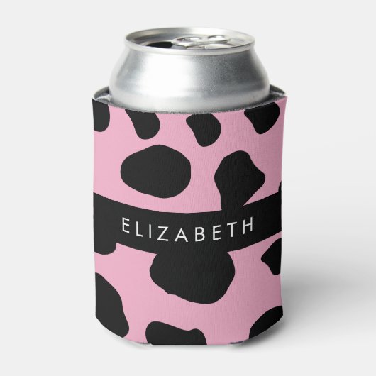 Koe Print, Koe Vlekken, Roze Koe, Jouw naam Blikjeskoeler (Blikje Voorkant)