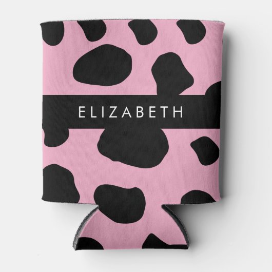 Koe Print, Koe Vlekken, Roze Koe, Jouw naam Blikjeskoeler (Voorkant)