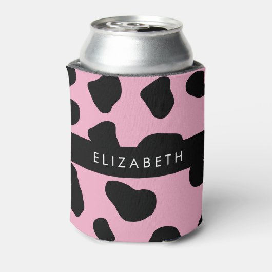 Koe Print, Koe Vlekken, Roze Koe, Jouw naam Blikjeskoeler (Blikje Achterkant)
