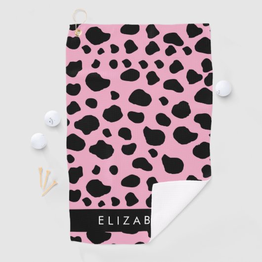 Koe Print, Koe Vlekken, Roze Koe, Jouw naam Golfhanddoek (Insitu)