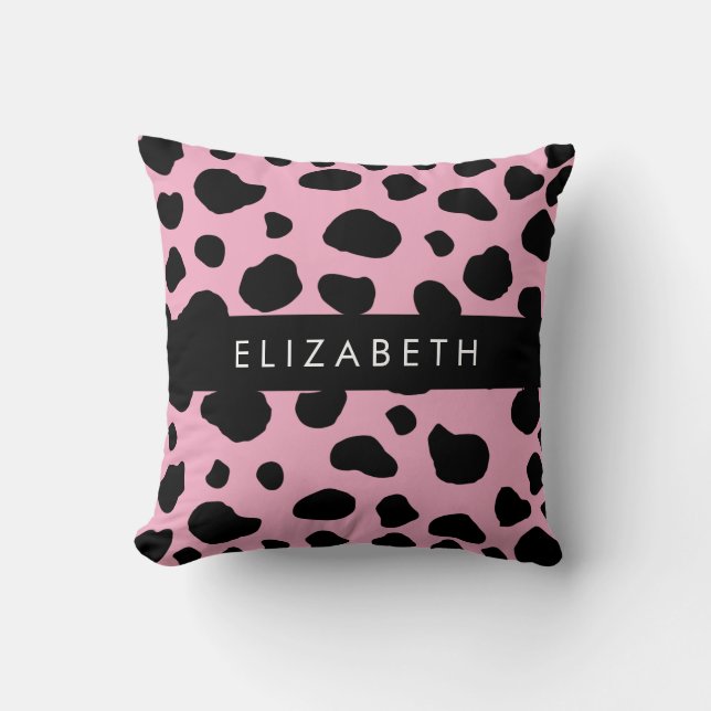 Koe Print, Koe Vlekken, Roze Koe, Jouw naam Kussen (Voorkant)
