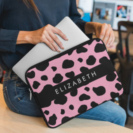 Koe Print, Koe Vlekken, Roze Koe, Jouw naam Laptop Sleeve