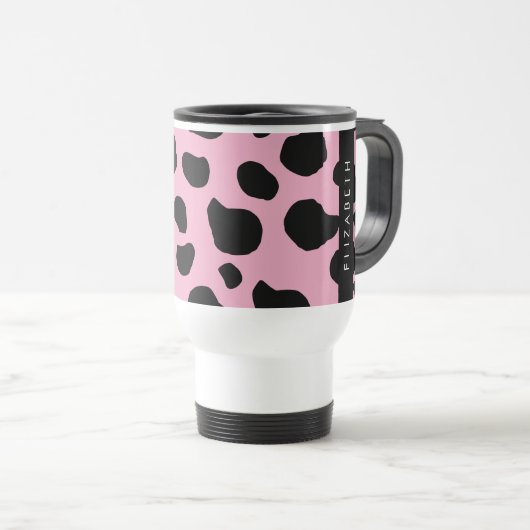 Koe Print, Koe Vlekken, Roze Koe, Jouw naam Reisbeker (Voorkant rechts)