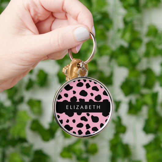 Koe Print, Koe Vlekken, Roze Koe, Jouw naam Sleutelhanger (Hand)