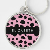 Koe Print, Koe Vlekken, Roze Koe, Jouw naam Sleutelhanger (Voorkant)