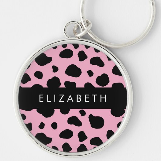 Koe Print, Koe Vlekken, Roze Koe, Jouw naam Sleutelhanger (Voorkant)