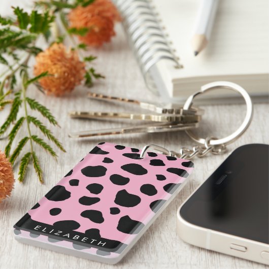 Koe Print, Koe Vlekken, Roze Koe, Jouw naam Sleutelhanger (Voorkant Rechts)