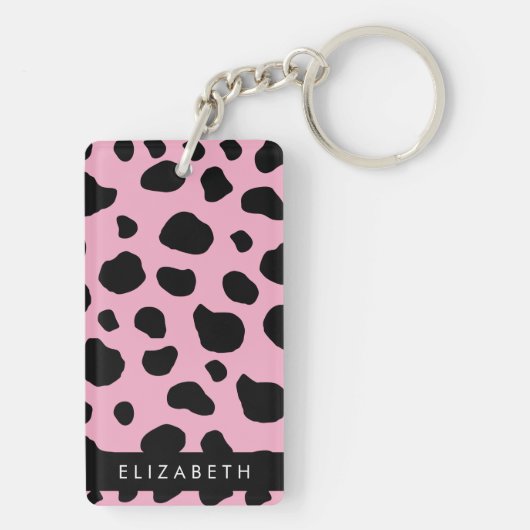 Koe Print, Koe Vlekken, Roze Koe, Jouw naam Sleutelhanger (achterkant)