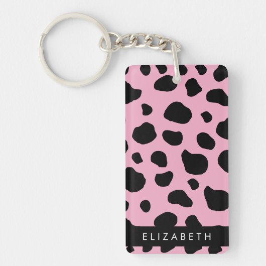 Koe Print, Koe Vlekken, Roze Koe, Jouw naam Sleutelhanger (Voorkant)