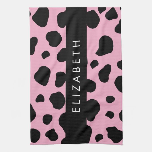 Koe Print, Koe Vlekken, Roze Koe, Jouw naam Theedoek (Verticaal)