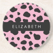 Koe Print, Koe Vlekken, Roze Koe, Jouw naam Zandsteen Onderzetter (Voorkant)