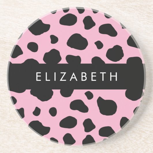 Koe Print, Koe Vlekken, Roze Koe, Jouw naam Zandsteen Onderzetter (Voorkant)