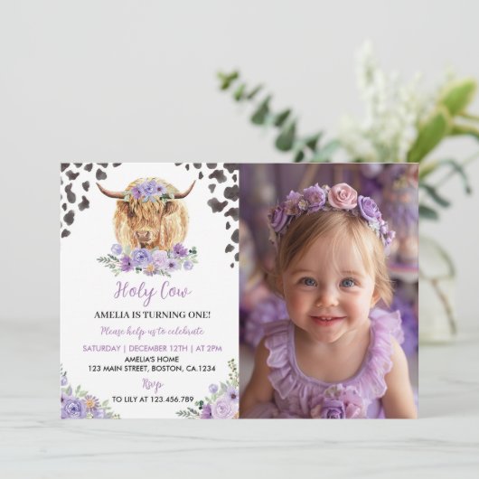 Koe Print Meisje Verjaardag Bloemen Fotouitnodigin Bedankkaart (Staand voorkant)