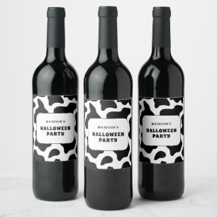 Koe Print Zwart-wit Halloween Party Wijn Etiket
