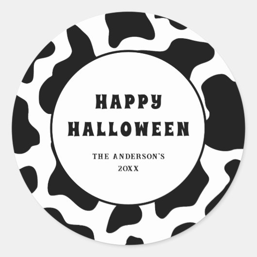 Koe Print Zwart & Wit Happy Halloween Ronde Sticker (Voorkant)