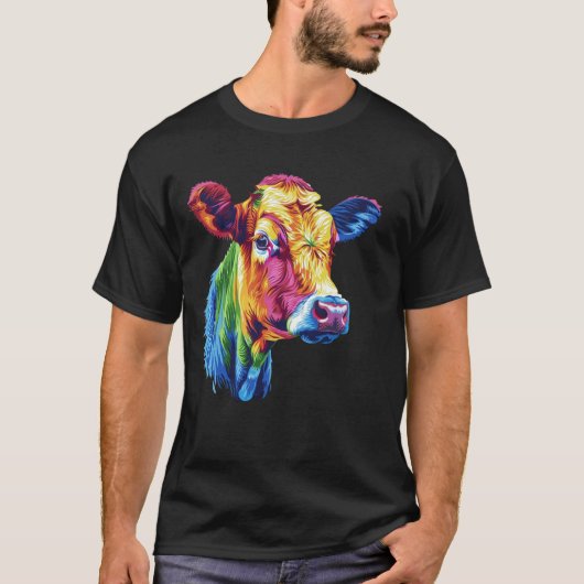 Koe Regenboog Kleurrijke Koe Hoofd Pop Art Boerder T-shirt (Voorkant)