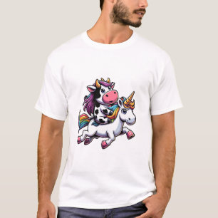 Koe Rijdt Eenhoorn Jongens Meisjes Mannen Vrouwen T-shirt