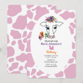 Koe Roze 1e verjaardag Uitnodiging (Voorkant / Achterkant)