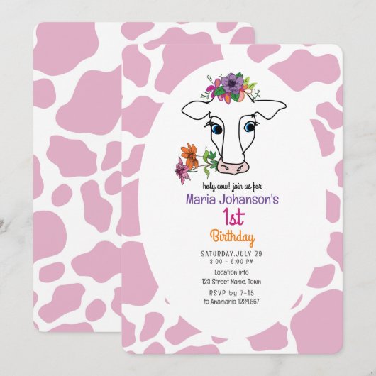 Koe Roze 1e verjaardag Uitnodiging (Voorkant / Achterkant)