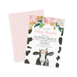 Koe Roze Bloem en Gingham Baby Shower Kaart