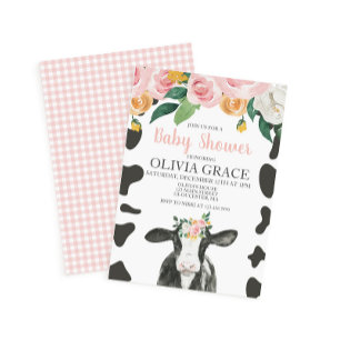Koe Roze Bloem en Gingham Baby Shower Kaart