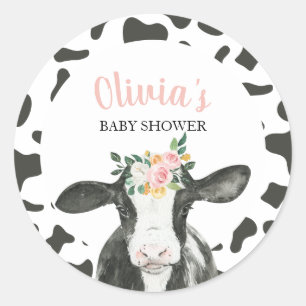 Koe Roze Bloemen en Gingham Baby Shower Ronde Sticker