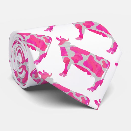 Koe Roze en Witte Silhouette Stropdas (Opgerold)