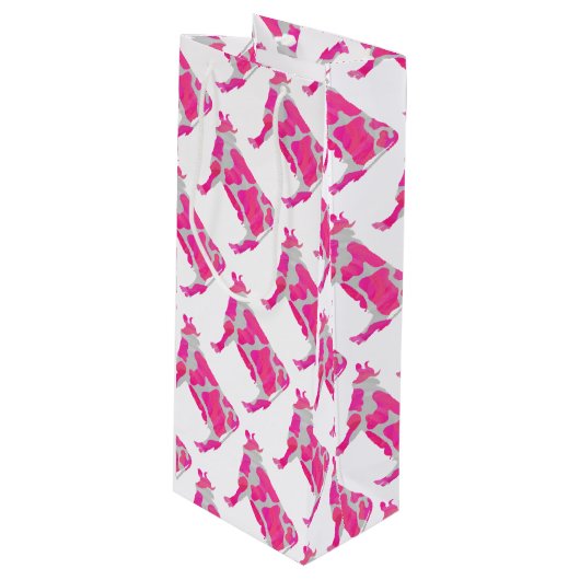 Koe Roze en Witte Silhouette Wijn Cadeautas (Voorkant Gekanteld)